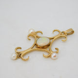 Victorian 9ct Yellow Gold, White Opal & Pearl Cross Pendant Antique c1890