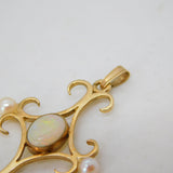 Victorian 9ct Yellow Gold, White Opal & Pearl Cross Pendant Antique c1890