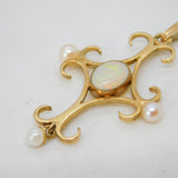 Victorian 9ct Yellow Gold, White Opal & Pearl Cross Pendant Antique c1890