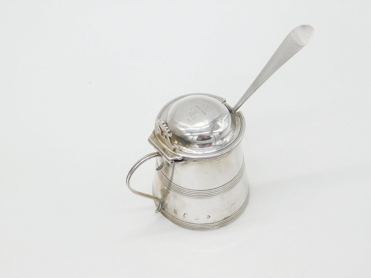 Georgian Sterling Silver Barrel Form Mustard Pot Antique 1788 London Crested