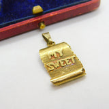 14ct Yellow Gold 'I Love You, My Sweet' Scroll Charm Pendant Vintage c1970