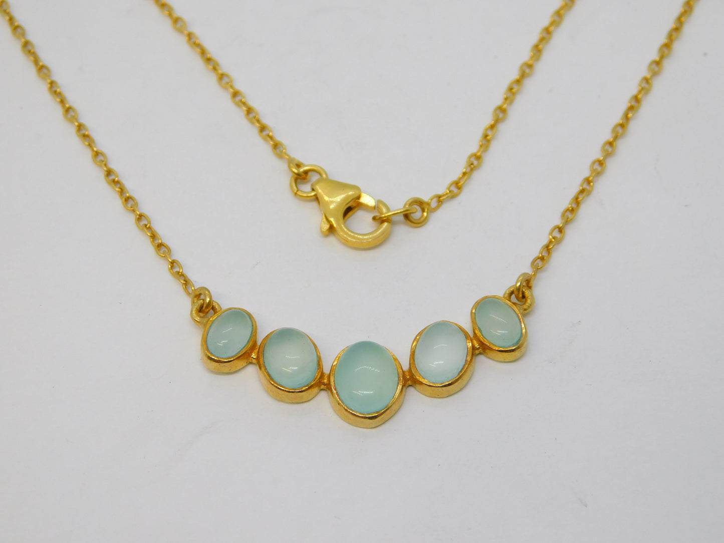 Gold on Sterling Silver Cabochon Cut Sea Glass Five-Stone Necklace Vintage c1970