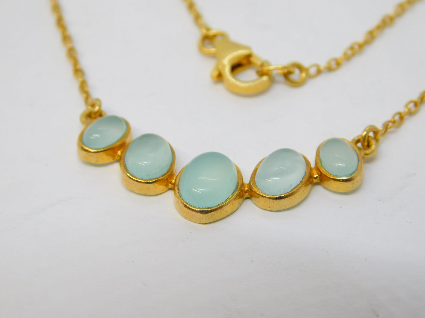 Gold on Sterling Silver Cabochon Cut Sea Glass Five-Stone Necklace Vintage c1970