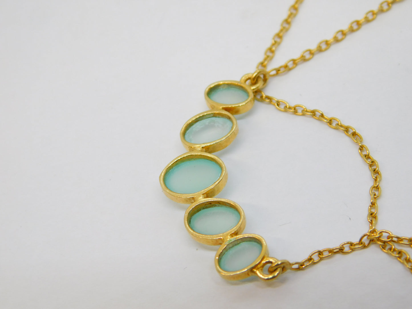 Gold on Sterling Silver Cabochon Cut Sea Glass Five-Stone Necklace Vintage c1970