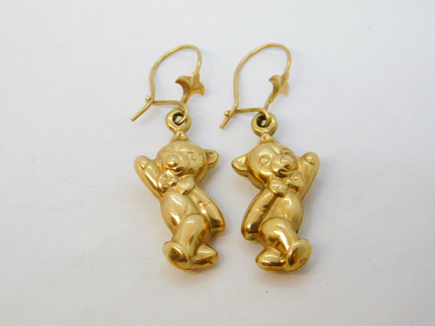 Pair of 9ct Yellow Gold Happy Teddy Bear Hook Earrings Vintage 2007 Sheffield