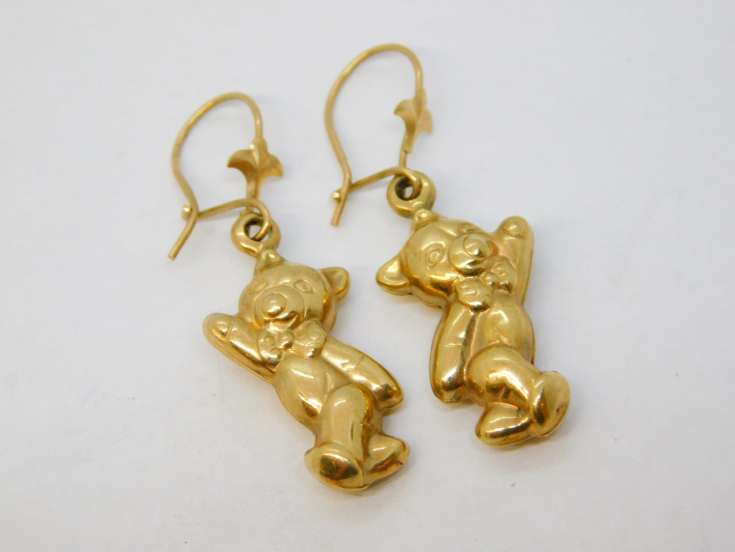 Pair of 9ct Yellow Gold Happy Teddy Bear Hook Earrings Vintage 2007 Sheffield