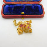 14ct Yellow Gold Ruby Set Leaping Frog Statement Brooch Pin Vintage c1970