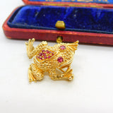 14ct Yellow Gold Ruby Set Leaping Frog Statement Brooch Pin Vintage c1970