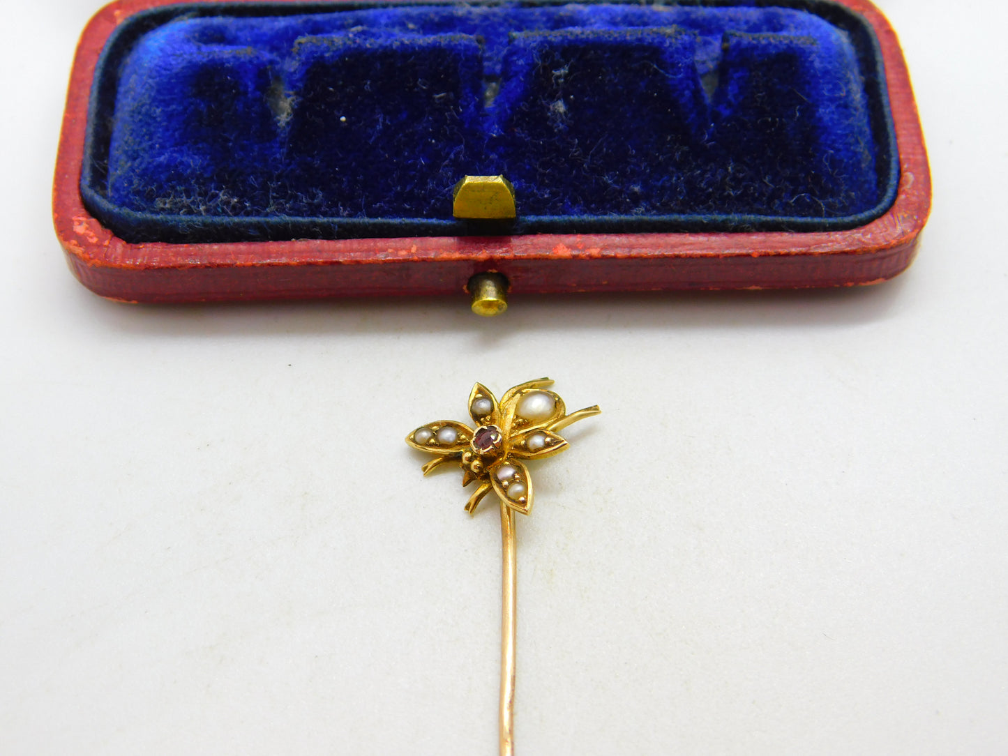 Edwardian 15ct Gold, Seed Pearl & Ruby Set Insect Bug Stick Pin c1910 Antique