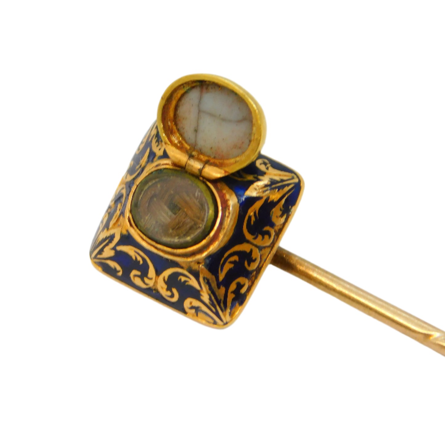 Victorian 18ct Gold, Blue Enamel, Bulls Eye Agate Mourning Stick Pin Antique c1840