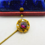 18ct Yellow Gold Almandine Garnet Set Canterbury Cross Stick Pin c1860 Antique