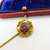 18ct Yellow Gold Almandine Garnet Set Canterbury Cross Stick Pin c1860 Antique