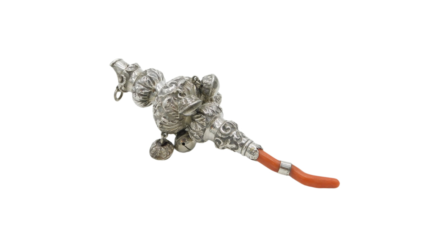 Victorian Sterling Silver & Red Coral Baby Rattle & Teether Antique 1851 Birmingham