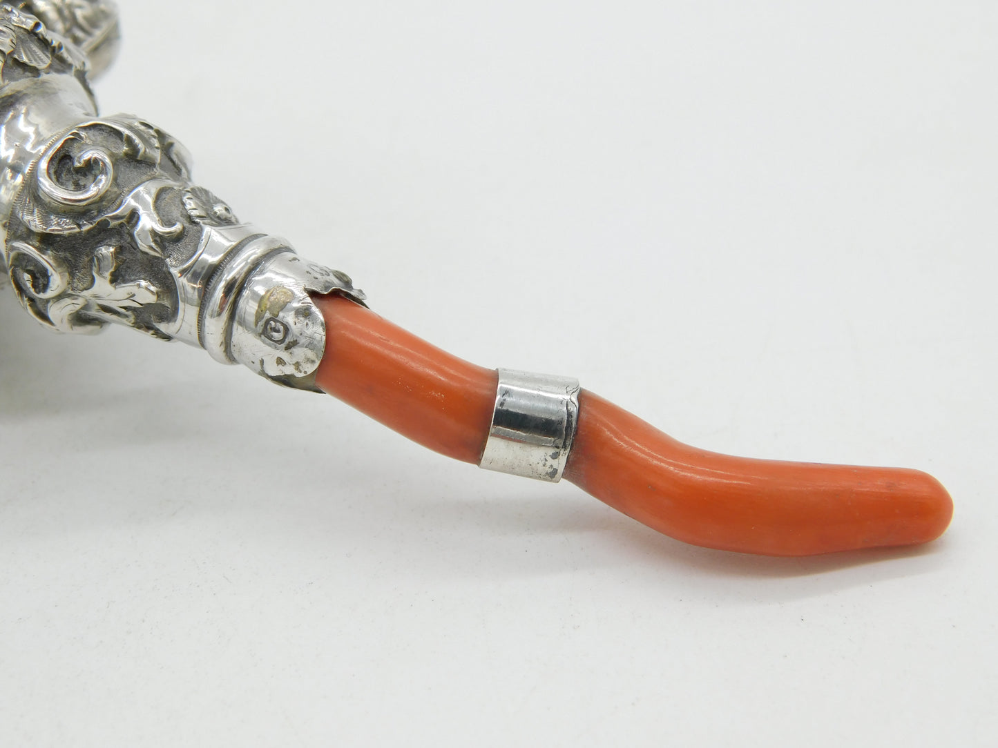 Victorian Sterling Silver & Red Coral Baby Rattle & Teether Antique 1851 Birmingham