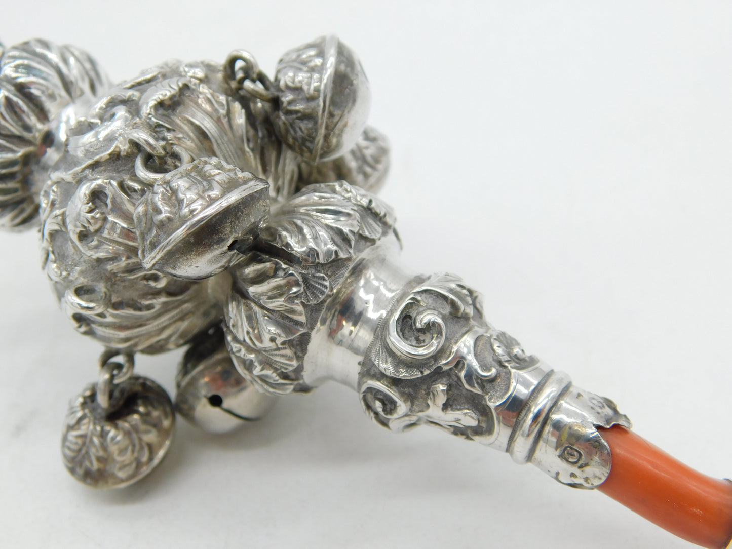 Victorian Sterling Silver & Red Coral Baby Rattle & Teether Antique 1851 Birmingham