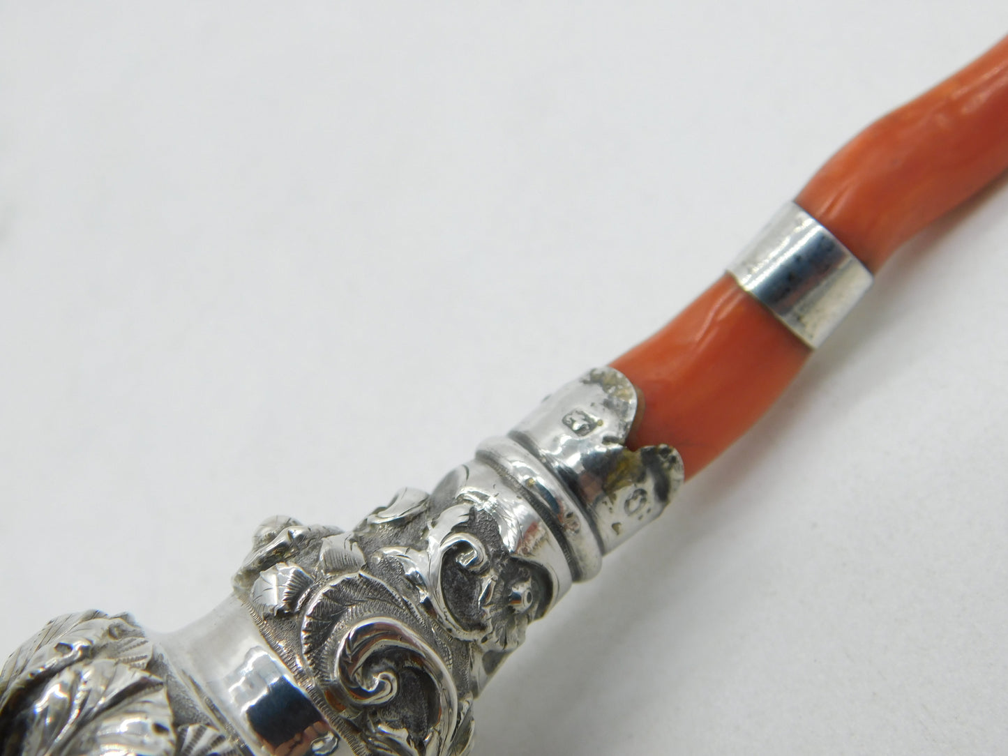 Victorian Sterling Silver & Red Coral Baby Rattle & Teether Antique 1851 Birmingham