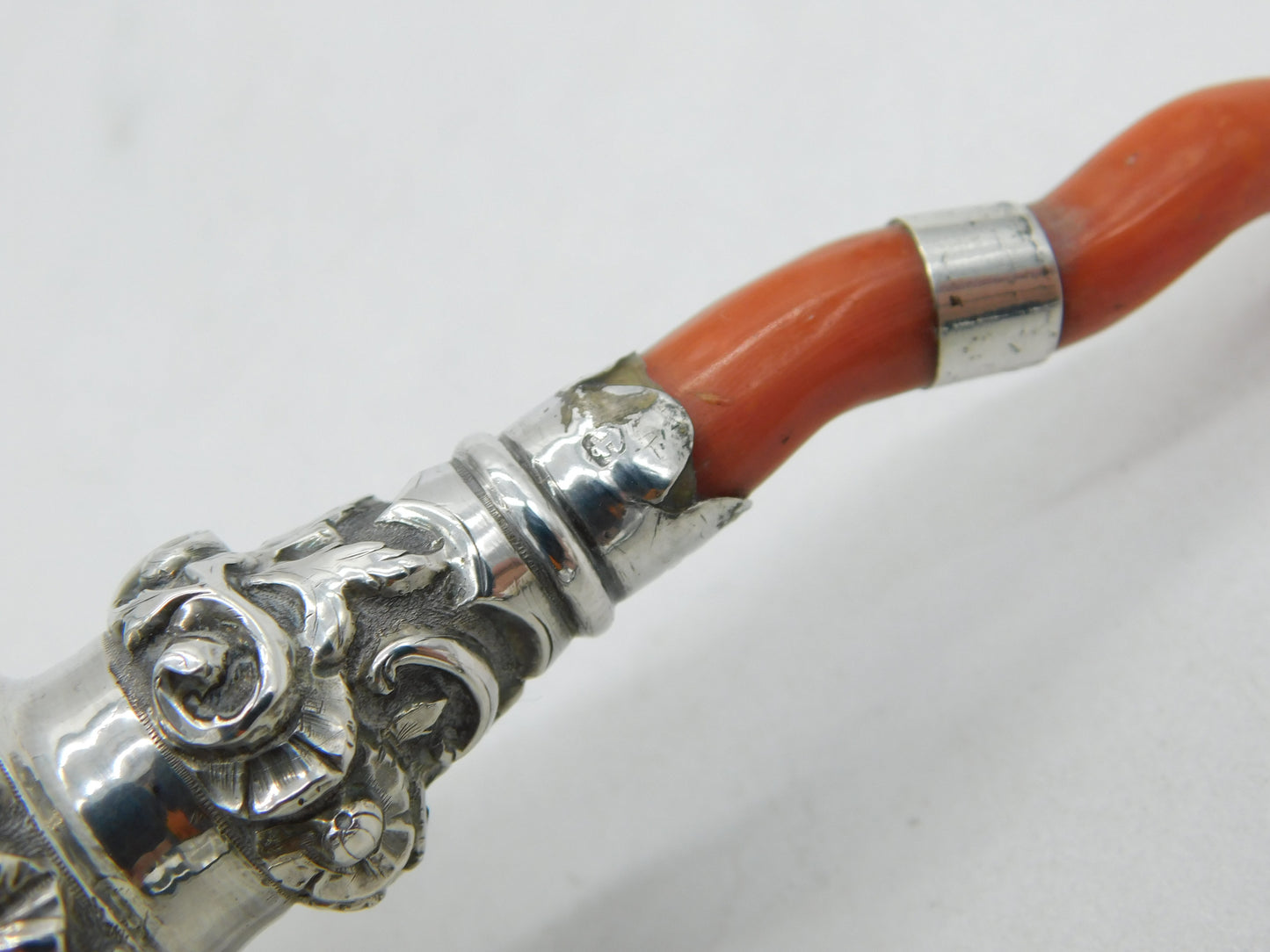 Victorian Sterling Silver & Red Coral Baby Rattle & Teether Antique 1851 Birmingham