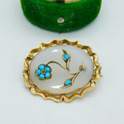 Victorian 9ct Gold, Turquoise, Seed Pearl & Chalcedony Floral Brooch Antique c1860