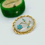Victorian 9ct Gold, Turquoise, Seed Pearl & Chalcedony Floral Brooch Antique c1860