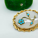 Victorian 9ct Gold, Turquoise, Seed Pearl & Chalcedony Floral Brooch Antique c1860