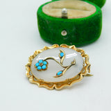Victorian 9ct Gold, Turquoise, Seed Pearl & Chalcedony Floral Brooch Antique c1860