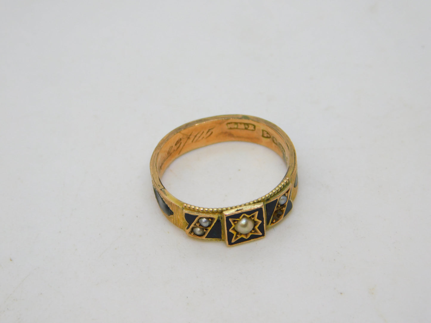 Edwardian 9ct Gold, Black Enamel & Seed Pearl Mourning Ring Antique 1904 Chester