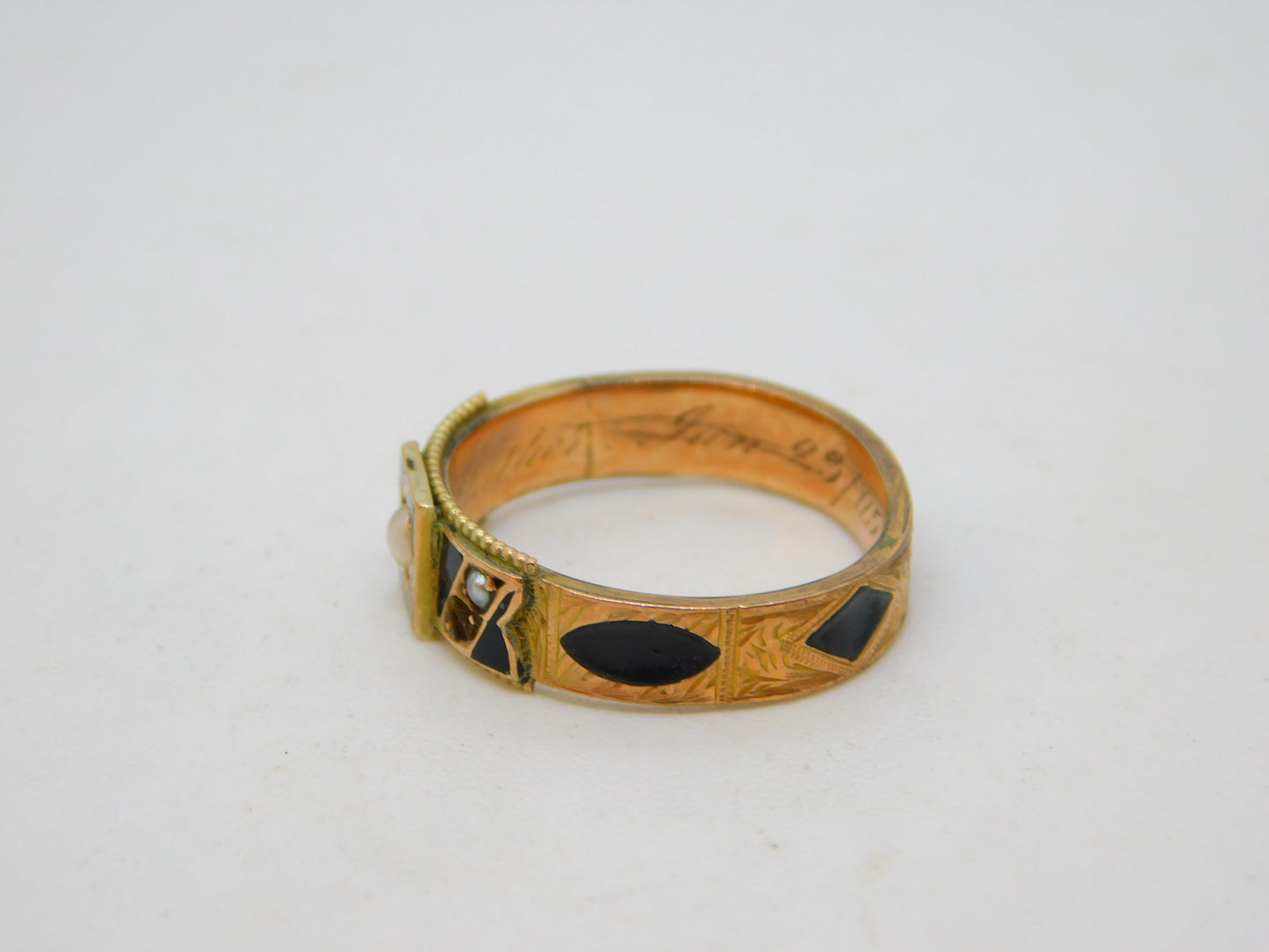 Edwardian 9ct Gold, Black Enamel & Seed Pearl Mourning Ring Antique 1904 Chester