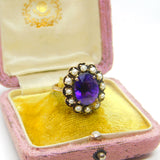 Victorian 9ct Yellow Gold, Amethyst & Pearl Set Floral Ring c1890 Antique