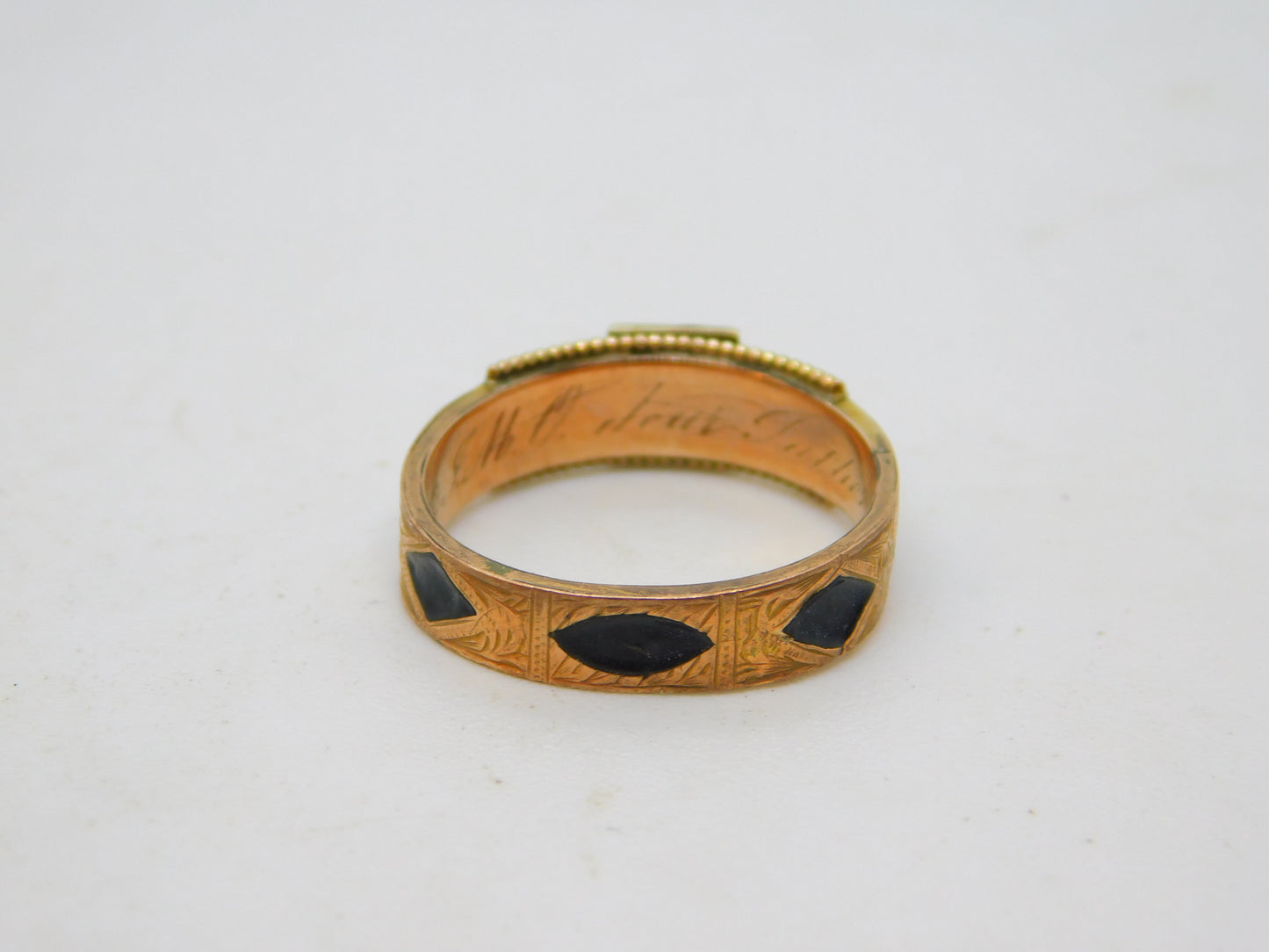 Edwardian 9ct Gold, Black Enamel & Seed Pearl Mourning Ring Antique 1904 Chester