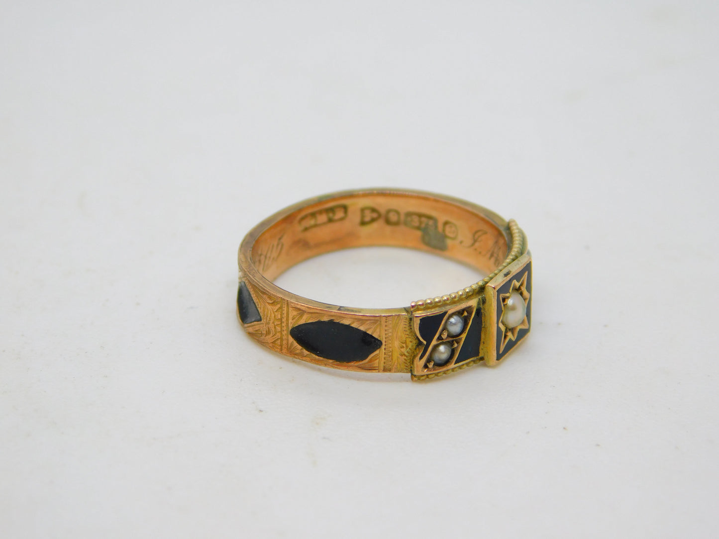 Edwardian 9ct Gold, Black Enamel & Seed Pearl Mourning Ring Antique 1904 Chester