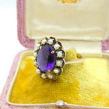 Victorian 9ct Yellow Gold, Amethyst & Pearl Set Floral Ring c1890 Antique