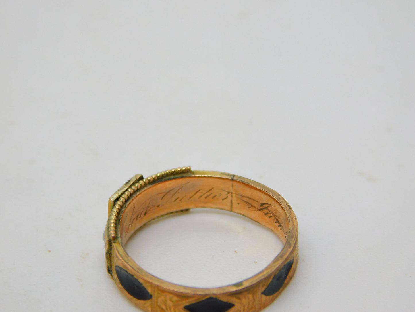 Edwardian 9ct Gold, Black Enamel & Seed Pearl Mourning Ring Antique 1904 Chester