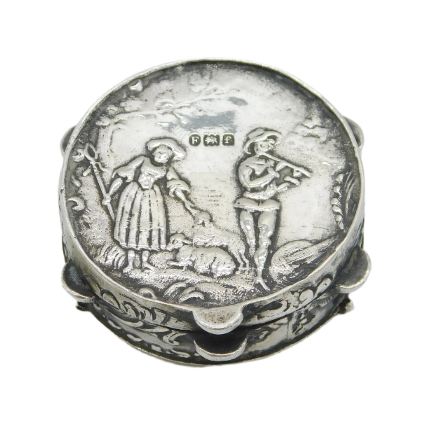 Victorian Sterling Silver Tambourine Form Pill Box Antique 1901 London