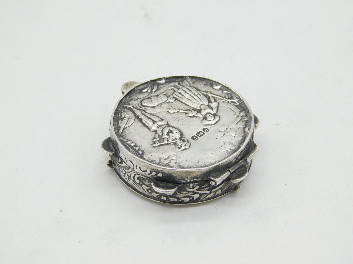 Victorian Sterling Silver Tambourine Form Pill Box Antique 1901 London