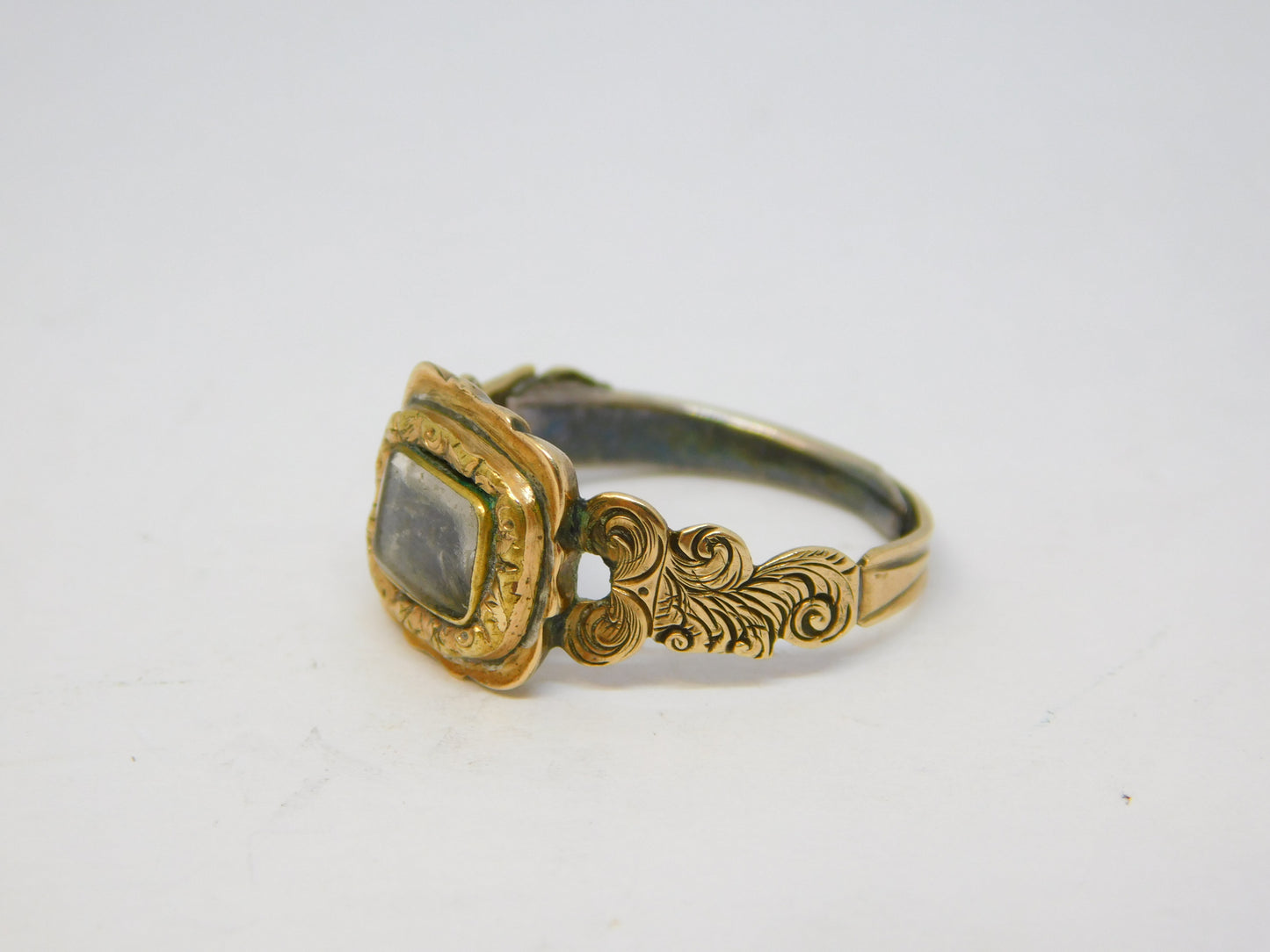 George III 15ct Yellow Gold Hair Set Floral Mourning Ring Antique c1820