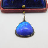TLM Sterling Silver Morpho Butterfly Wing Deep Blue Pendant Antique c1920