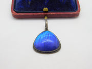 TLM Sterling Silver Morpho Butterfly Wing Deep Blue Pendant Antique c1920