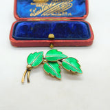 Denmark JEMAX Sterling Silver & Green Enamel Leaf Brooch Antique c1940 Art Deco