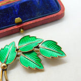 Denmark JEMAX Sterling Silver & Green Enamel Leaf Brooch Antique c1940 Art Deco