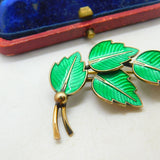 Denmark JEMAX Sterling Silver & Green Enamel Leaf Brooch Antique c1940 Art Deco