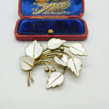 Denmark JEMAX Sterling Silver Gilt & White Enamel Art Nouveau Leaf Brooch c1940