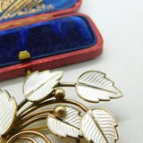 Denmark JEMAX Sterling Silver Gilt & White Enamel Art Nouveau Leaf Brooch c1940