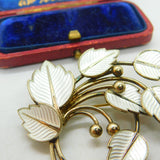 Denmark JEMAX Sterling Silver Gilt & White Enamel Art Nouveau Leaf Brooch c1940