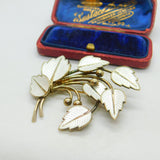 Denmark JEMAX Sterling Silver Gilt & White Enamel Art Nouveau Leaf Brooch c1940