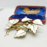 Denmark JEMAX Sterling Silver Gilt & White Enamel Art Nouveau Leaf Brooch c1940