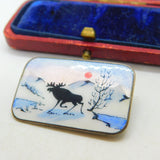 Norne Aksel Holmsen Sterling Silver & Enamel Reindeer Scene Brooch Mid-Century