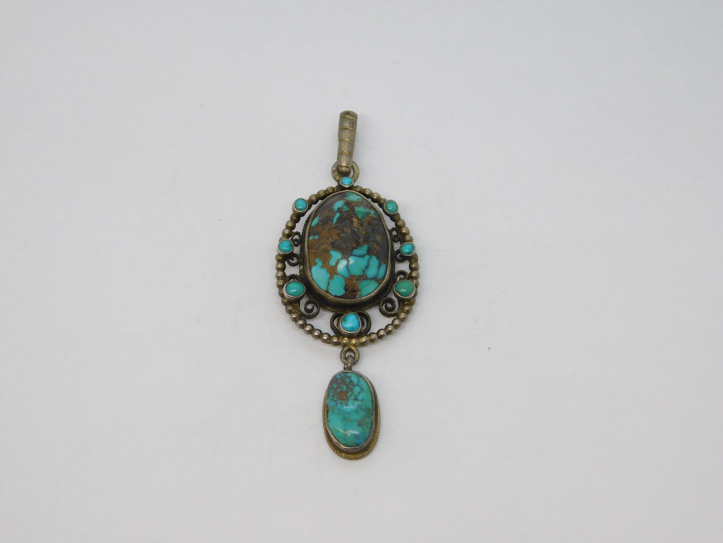 19th Century Sterling Silver Austro-Hungarian Turquoise Drop Pendant Antique c1860