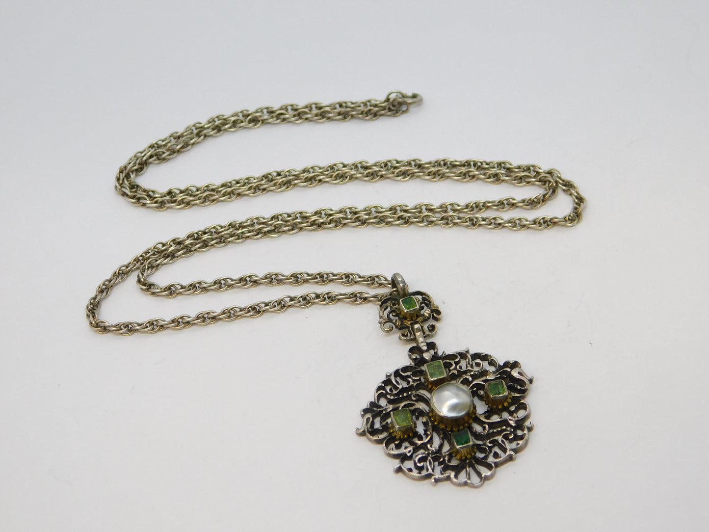 19th Century Sterling Silver Austro-Hungarian Emerald & Freshwater Pearl Necklace Antique c1860
