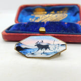 Norwegian Sterling Silver & Enamel Reindeer Scene Brooch Antique c1920 Art Deco