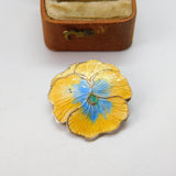 Sterling Silver Guilloche Enamel Yellow-Blue Flower Brooch Antique Art Deco
